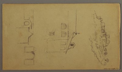 Disegno, recto: Vuoto; verso: Fortree sulla cima della collina, due c, porta d