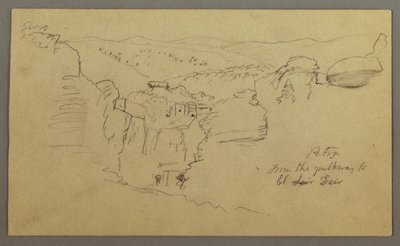 Disegno, schizzo. Veduta di Khirbet en Wasara "Petra / dalla strada che porta a / El Deir", forse 1868, 26 febbraio da Frederic Edwin Church