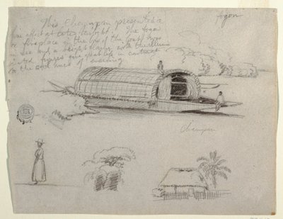 Schizzi dalla Colombia - Imbarcazione fluviale (Champan), una donna, gruppo di alberi, una casa da Frederic Edwin Church