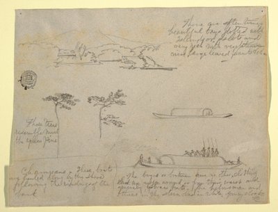 Disegno, Schizzi dalla Colombia: Alberi e imbarcazioni fluviali (Champans), 1853 da Frederic Edwin Church