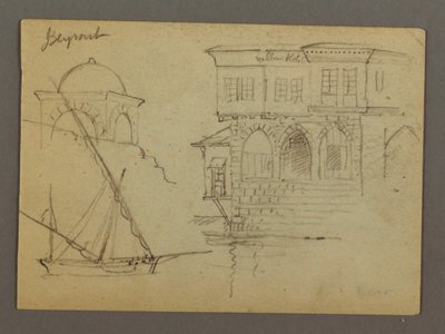 Disegno, schizzi di una struttura a cupola, di una nave e di una casa signorile, gennaio 1868 da Frederic Edwin Church