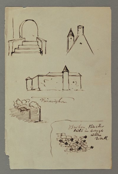 Disegno, scale, tetto con torre, muro di pietra, forse 1869 da Frederic Edwin Church