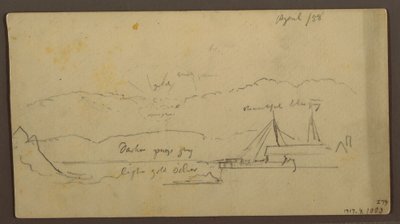Disegno, Tramonto sulla riva con nave, 1858 da Frederic Edwin Church