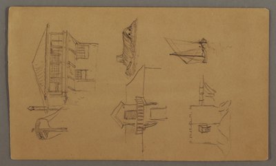 Disegno, Casa in legno, due barche a vela, studio del tetto, forse 1868 da Frederic Edwin Church