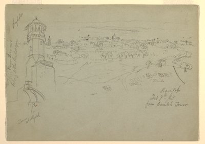 Disegno, Torre di Lydda e Ramleh vista dalla Torre di Ramleh, Palestina [Ramleh, Israele], 7 e 10 febbraio 1868 da Frederic Edwin Church