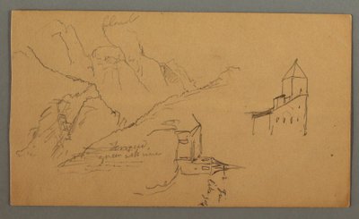 Disegno, Due chiese, valle, cascata, 1868 da Frederic Edwin Church