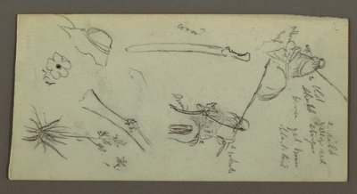 Disegno, due figure a cavallo, con lance, spada, parte inferiore di un cannone, ecc., forse 1868 da Frederic Edwin Church