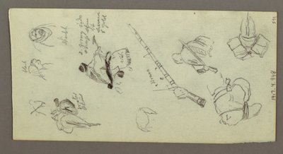 Disegno, due figure a cavallo, con lance, spada, parte inferiore di un cannone, ecc., forse 1868 da Frederic Edwin Church