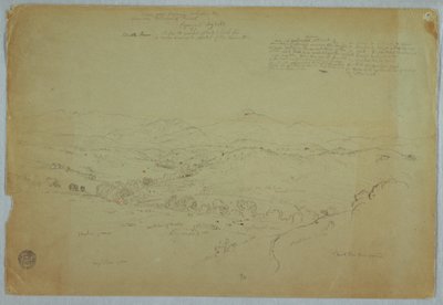 Disegno, Veduta nei pressi di Popayan con il vulcano Monte Purese, fiume Cauca, Colombia, 8 agosto 1853 da Frederic Edwin Church