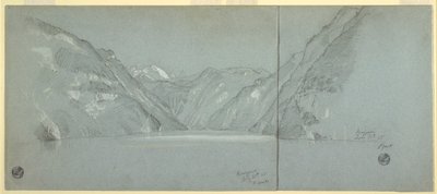 Disegno, Veduta del lago Konigssee con il Falkenstein, vicino a Berchtesgaden, Baviera, Germania, parte 2, 11 luglio 1868 da Frederic Edwin Church
