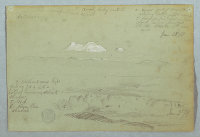 Disegno, vedute del vulcano Artisana da o vicino a Quito, e un cielo nuvoloso su una cresta montuosa, Ecuador, 23 giugno 1857 da Frederic Edwin Church