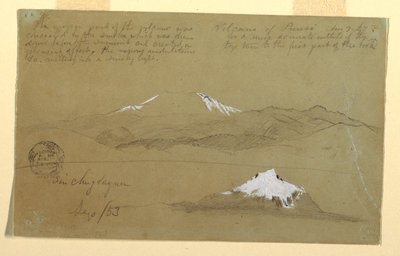 Disegno, Vedute del vulcano Puresé, Colombia, e del monte Sincholagua, Ecuador, 9 agosto e settembre 1853. da Frederic Edwin Church