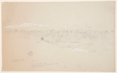 Disegno, villaggio di Kuseiyeh, Monte Libano in lontananza, maggio 1868 da Frederic Edwin Church
