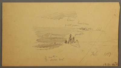 Disegno, collina boscosa, valle collinare, sole, gennaio 1866 da Frederic Edwin Church