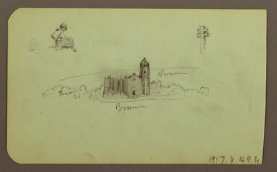 Disegno, colline, chiesa, ponte; verso: figura, croce, chiesa, 1883 da Frederic Edwin Church