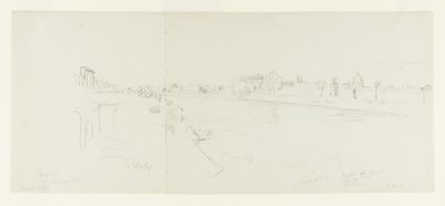 Veduta paesaggistica di Roma dalle rive del Tevere, con vedute lontane di Castel Sant