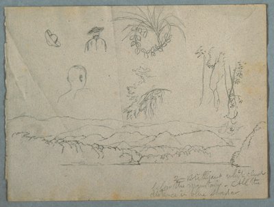 Riva del Fiume con Montagne e Nuvole, Tre Schizzi Botanici e Studi di Busti di Uomini con Cappelli da Frederic Edwin Church