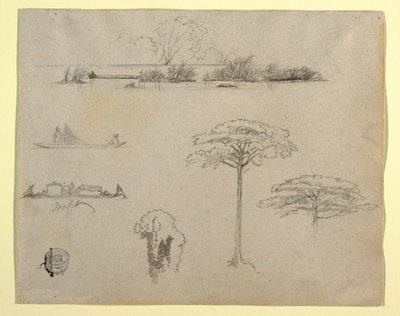 Schizzi dalla Colombia: Paesaggio fluviale, uomini su zattere e alberi da Frederic Edwin Church