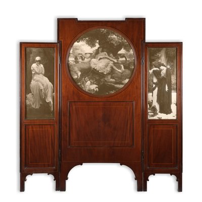 Schermo a tre ante in mogano con intarsi stampati da Frederic Leighton