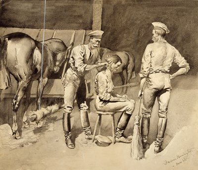 Un taglio di capelli in una stalla di cavalleria da Frederic Remington