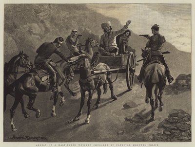 Arresto di un contrabbandiere di whisky meticcio da parte della polizia a cavallo canadese da Frederic Remington