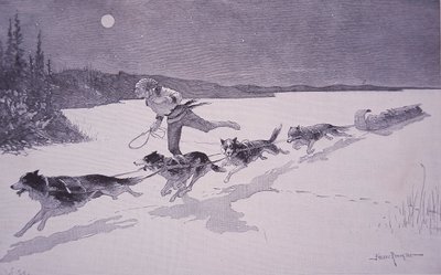 Trapper francese in Canada con cani husky su lago ghiacciato da Frederic Remington