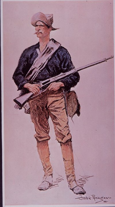 Guerra ispano-americana 1898, fante statunitense armato di fucile a caricatore Krag-Jorgensen da Frederic Remington