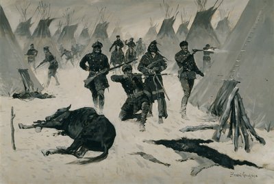 La sconfitta di Cavallo Pazzo (La sconfitta di Cavallo Pazzo da parte del colonnello Miles, gennaio 1877, attacco invernale a un villaggio indiano) c.1901, forse c.1896 da Frederic Remington