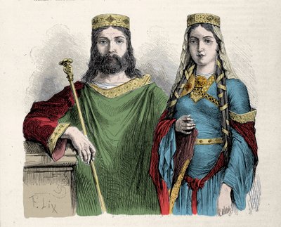 Clodoveo (481-511) re dei Franchi con la sua seconda moglie Santa Clotilde (Clotilde) regina. Incisione di Lix da Frederic Theodore Lix