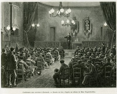 Conferenza ai lavoratori delle officine Dollfus Mieg, a Dornach. Incisione di Lix per illustrare la storia 