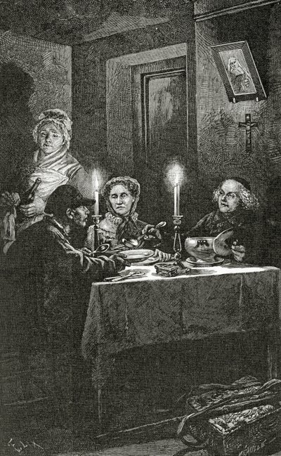 Jean Valjean è accolto e curato dal Vescovo Myriel, XIX secolo da Frederic Theodore Lix