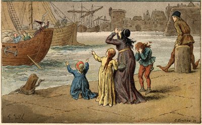 Canzone popolare: "A Nantes è arrivato". Bambini piangono il loro mare, portato via da un marinaio. Illustrazione (dettaglio) di Frederic Theodore Lix (1830-1897) in "Chansons et rondes enfantines des provinces de la France" da Frederic Theodore Lix