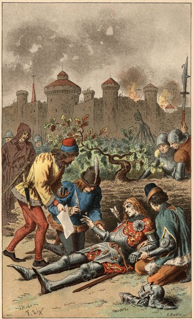 Canzone popolare: "Era il Granduca del Maine". Morte del Duca del Maine, trafitto da una freccia. Illustrazione di Frederic Theodore Lix (1830-1897) in "Chansons et rondes enfantines des provinces de la France" da Frederic Theodore Lix