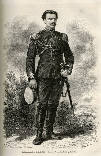 Ritratto del viaggiatore e narratore Tenente Colonnello di Prjewalski, disegno di F. Lix per illustrare il viaggio in Mongolia e nella terra dei Tanguti dal 1870 al 1873, del Tenente Colonnello di Prjewalski. Incisione in Le tour du monde. da Frederic Theodore Lix
