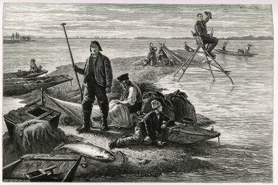 Pesca al salmone. Incisione di F.Lix, per illustrare il racconto “Attraverso l