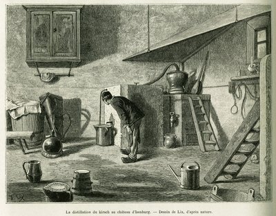 La distillazione del kirsch al castello di Isenburg (incisione) da Frederic Theodore Lix