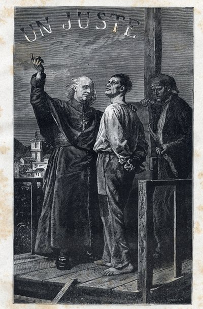 Il vescovo Myriel accompagna un condannato a morte che sale sul patibolo - Illustrazione di Frederic Theodore Lix (1830-1897) per 