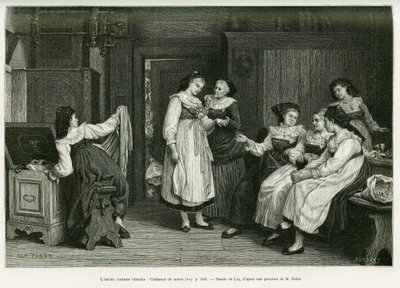 Il vecchio costume alsaziano. Incisione di Lix, dopo un dipinto Present de Noces di Pabst, per illustrare la storia Attraverso l