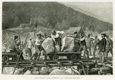Lavoratori che lavorano alla diga di Alfeld. Incisione di Lix per illustrare la storia A travers l