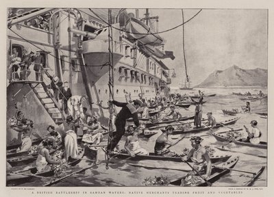 Una nave da guerra britannica nelle acque samoane, mercanti nativi che commerciano frutta e verdura da Frederic de Haenen