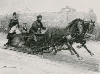 Una slitta con rete di seta blu, per evitare che la neve spruzzi gli occupanti, il Cremlino sullo sfondo da Frederic de Haenen