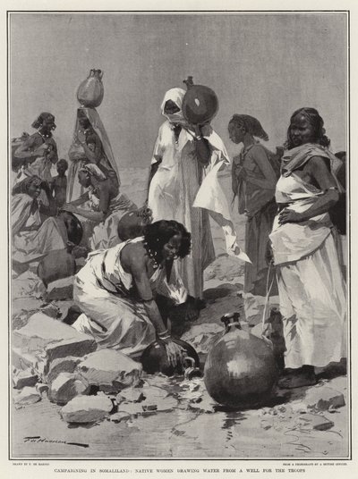 Campagna in Somaliland, donne native che attingono acqua da un pozzo per le truppe da Frederic de Haenen