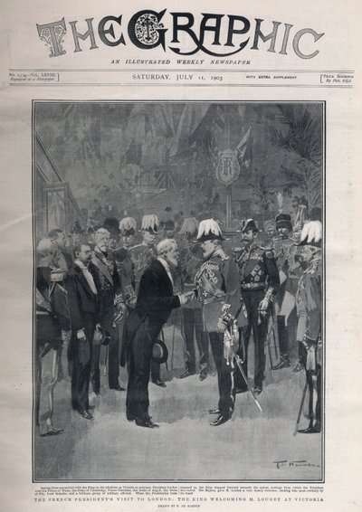 Entente cordiale: la visita del presidente francese Emile Loubet a Londra. Re Edoardo VII accoglie M. Loubet alla stazione di Victoria. da Frederic de Haenen