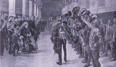 La regina Vittoria ispeziona i coloni invalidi nella St Georges Hall, Windsor, illustrazione da After Pretoria: The Guerilla War, 1902 da Frederic de Haenen