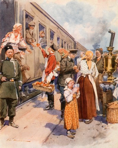 Venditori di tè in una stazione ferroviaria di campagna da Frederic de Haenen