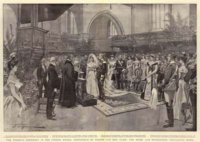 La cerimonia del matrimonio nella Groote Kerke, celebrata dal pastore Van der Vlier, gli sposi che si scambiano gli anelli da Frederic de Haenen