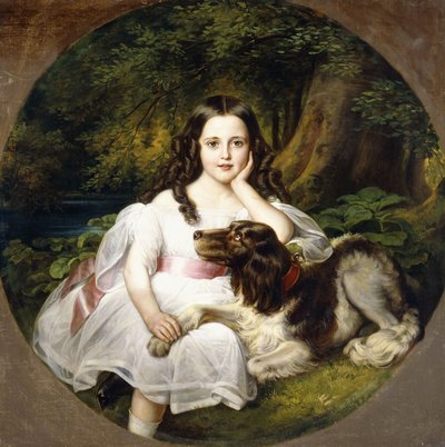 Una giovane ragazza che riposa in un paesaggio con il suo cane da Frederich August Kaulbach
