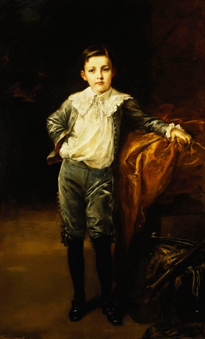 Ritratto di un maestro Eckstein, in piedi a figura intera, appoggiato su un baule drappeggiato, 1902 da Frederich August Kaulbach