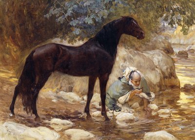 Un arabo che abbevera il suo cavallo presso un fiume, c.1890-1900 da Frederick Arthur Bridgman