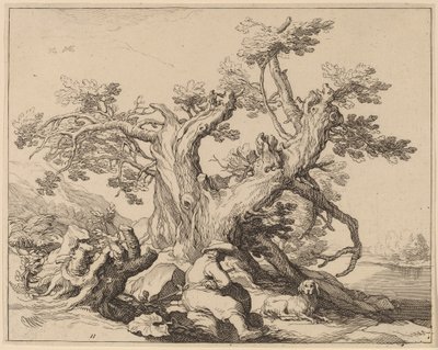Un uomo e il suo cane riposano vicino a un grande albero da Frederick Bloemaert after Abraham Bloemaert